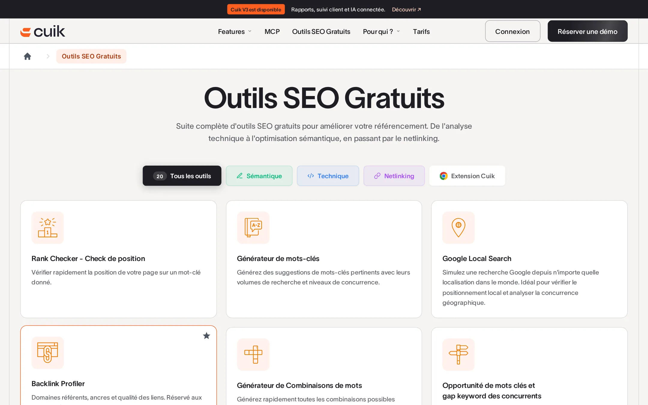 Page des outils SEO gratuits de Cuik